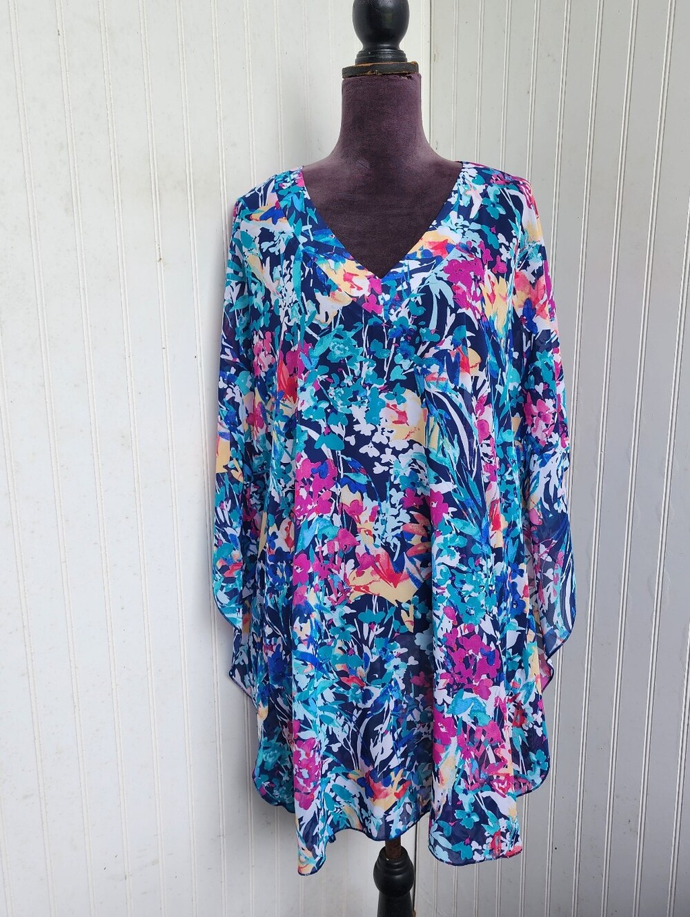 Maxine of Hollywood Printed Blue Pink Chiffon Caftan Semi Sheer Cover-Up XL Lo